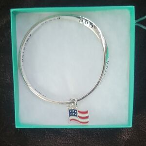 Brand New God Bless America Silver Twist Bracelet with American Flag Charm